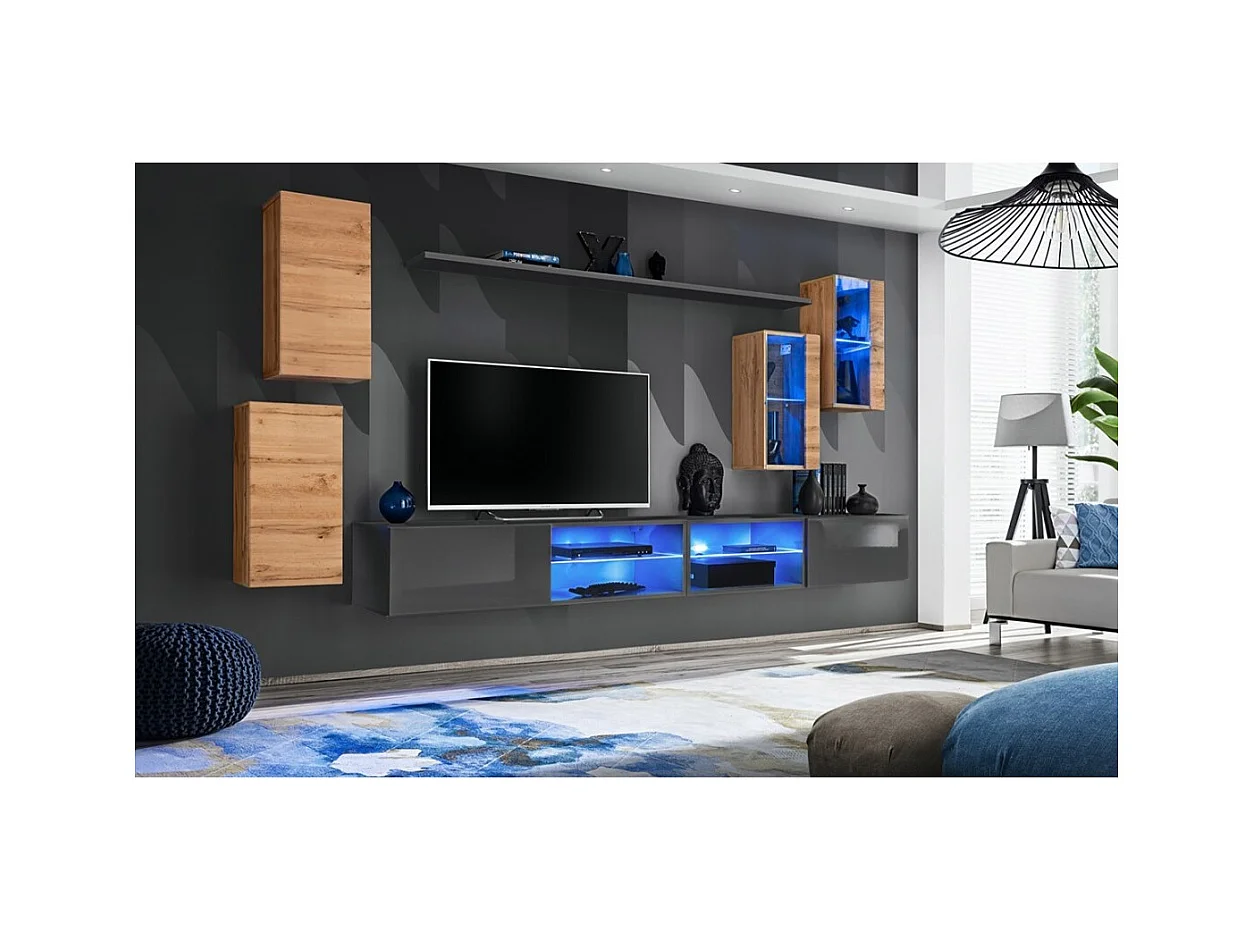 Conjunto de muebles de salón SWITCH XXV diseño, color roble y gris.