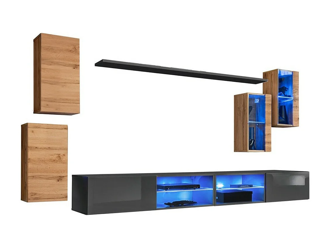 Ensemble meubles de salon SWITCH XXV design, coloris chêne et gris.