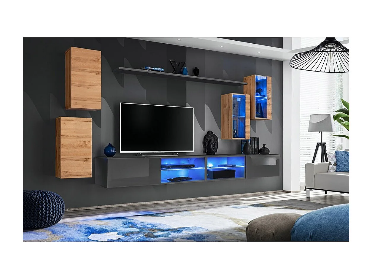 Ensemble meubles de salon SWITCH XXV design, coloris chêne et gris.