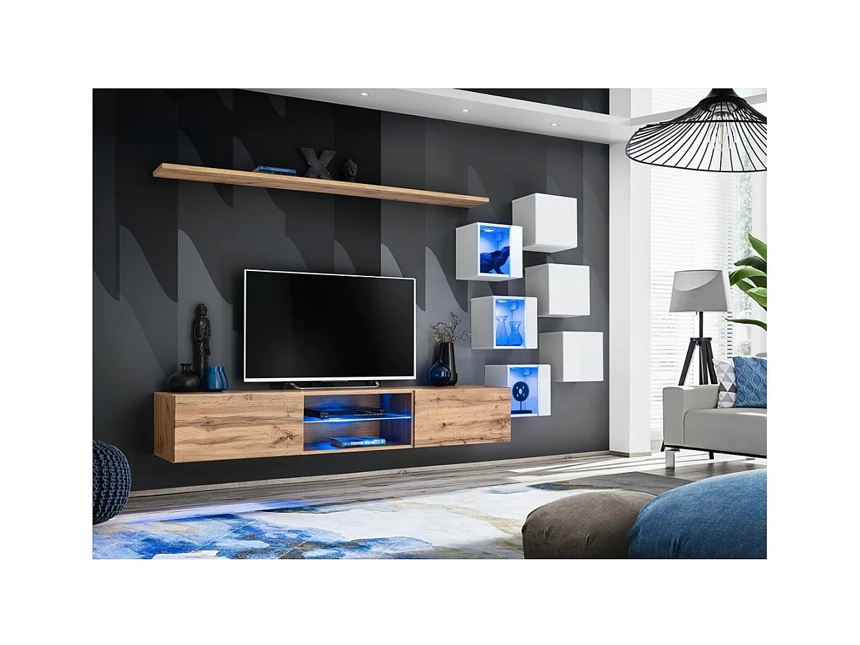 Conjunto de muebles de salón SWITCH XXI diseño, color roble y blanco.