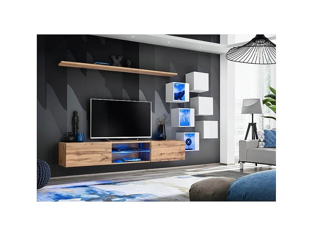 Ensemble meubles de salon SWITCH XXI design, coloris chêne et blanc.