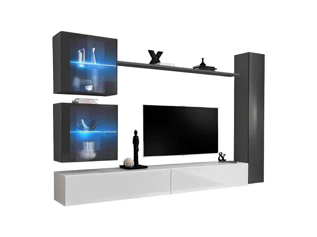 Ensemble meuble salon mural SWITCH XVIII design, coloris blanc et gris brillant.