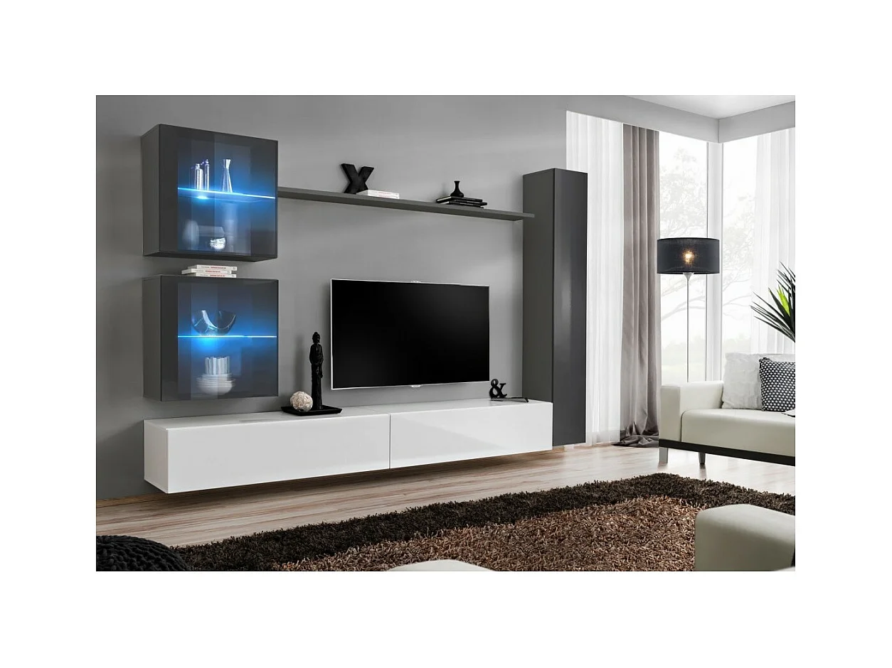 Ensemble meuble salon mural SWITCH XVIII design, coloris blanc et gris brillant.