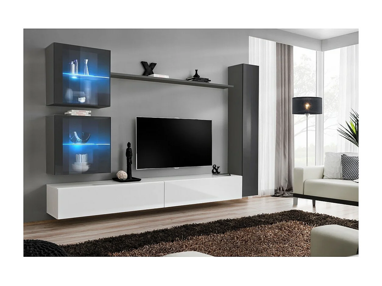 Ensemble meuble salon mural SWITCH XVIII design, coloris blanc et gris brillant.