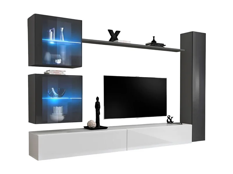 Ensemble meuble salon mural SWITCH XVIII design, coloris blanc et gris brillant.
