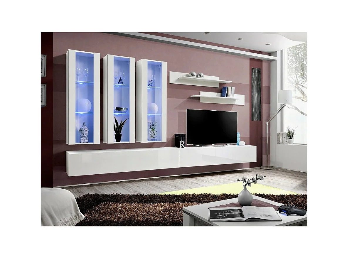 TV-meubel FLY E3 design, in glanzend wit. Modern en trendy zwevend meubel voor uw woonkamer.
