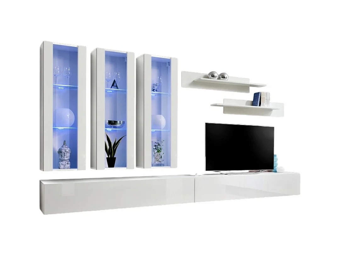 Meuble TV FLY E3 design, coloris blanc brillant. Meuble suspendu moderne et tendance pour votre salon.