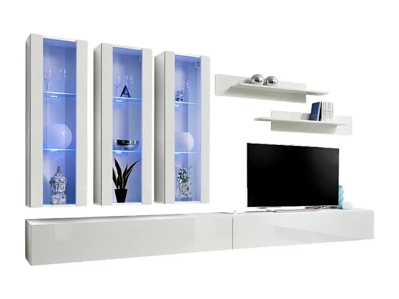 Meuble TV FLY E3 design, coloris blanc brillant. Meuble suspendu moderne et tendance pour votre salon.