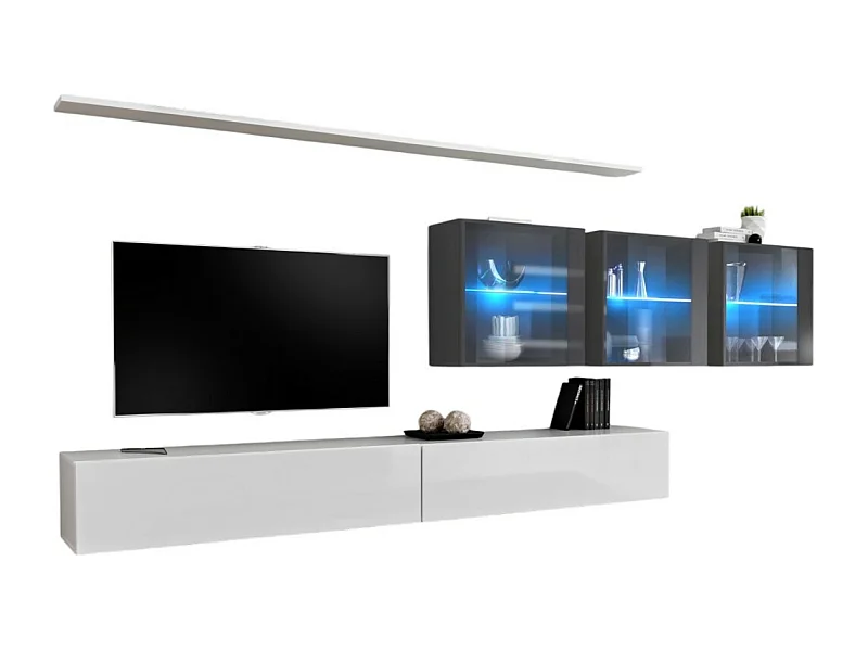 Wohnzimmer-Wandmöbel-Set SWITCH XVII, Design in glänzendem Weiß und Grau.