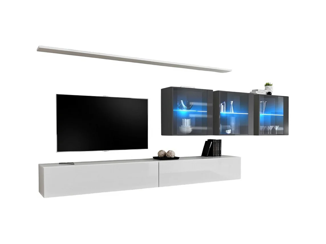 Ensemble meuble salon mural SWITCH XVII design, coloris blanc et gris brillant.