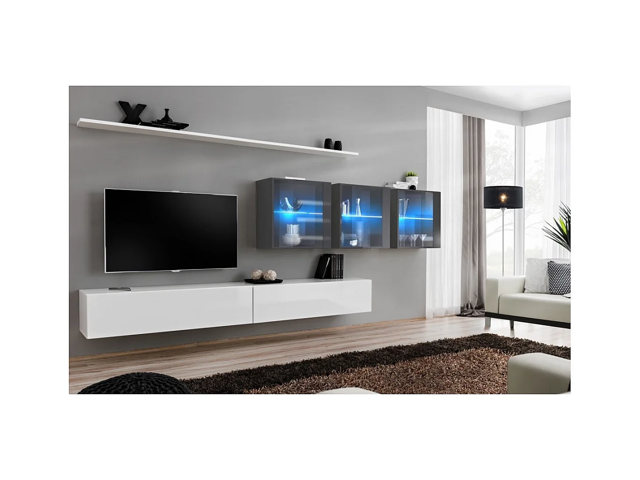 Ensemble meuble salon mural SWITCH XVII design, coloris blanc et gris brillant.