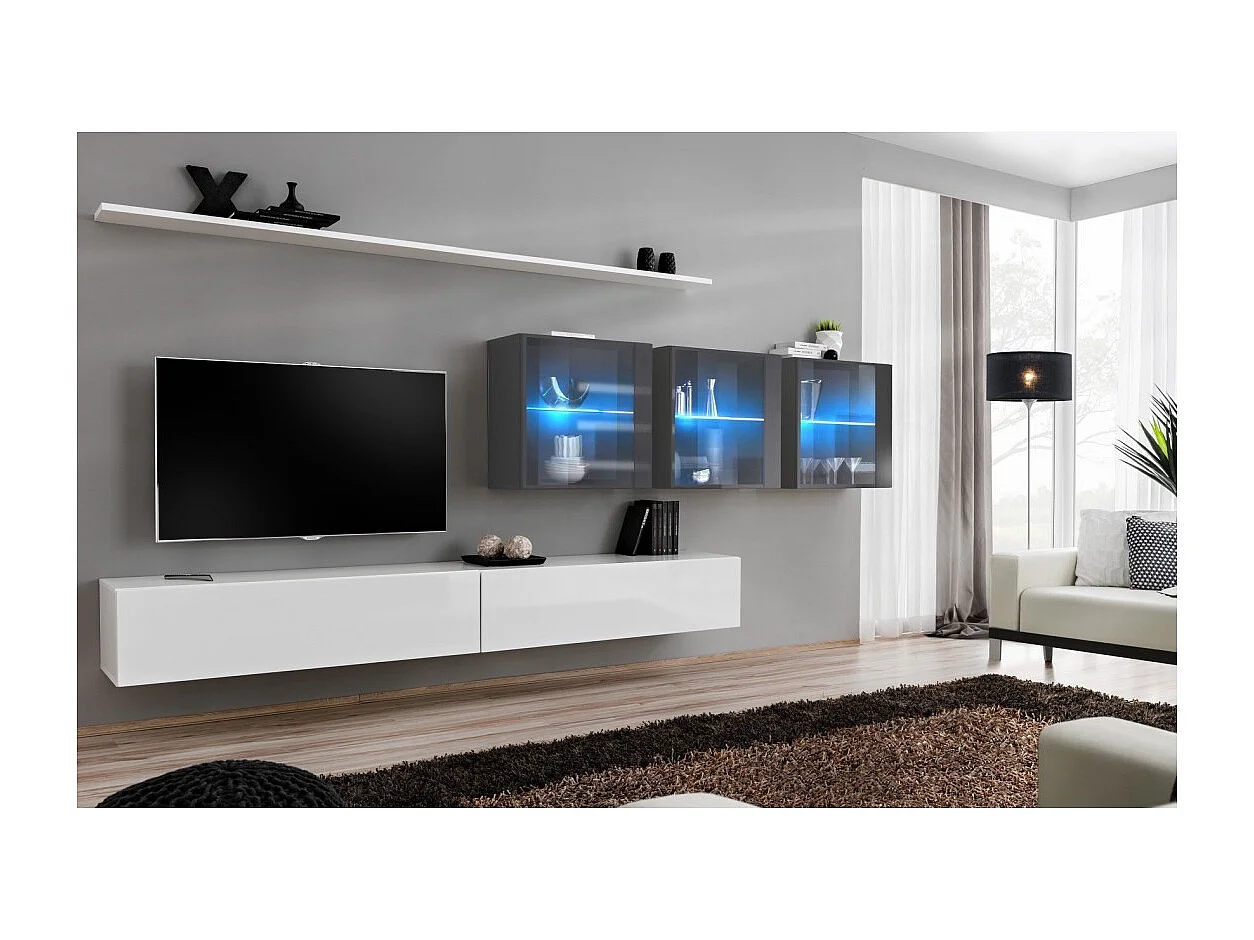 Ensemble meuble salon mural SWITCH XVII design, coloris blanc et gris brillant.