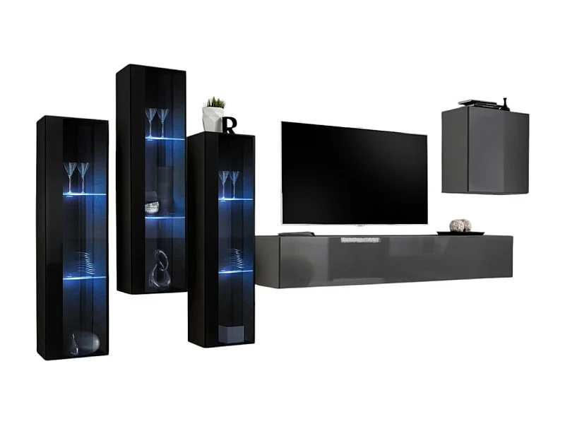 Ensemble meuble salon mural SWITCH XIII design, coloris gris brillant et noir.