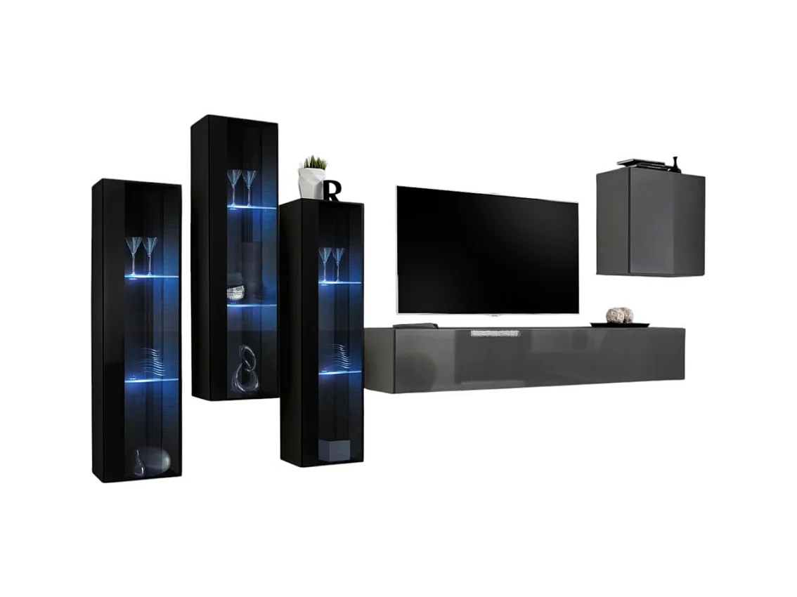 Conjunto de móveis para sala de estar SWITCH XIII, design mural, nas cores cinza brilhante e preto.