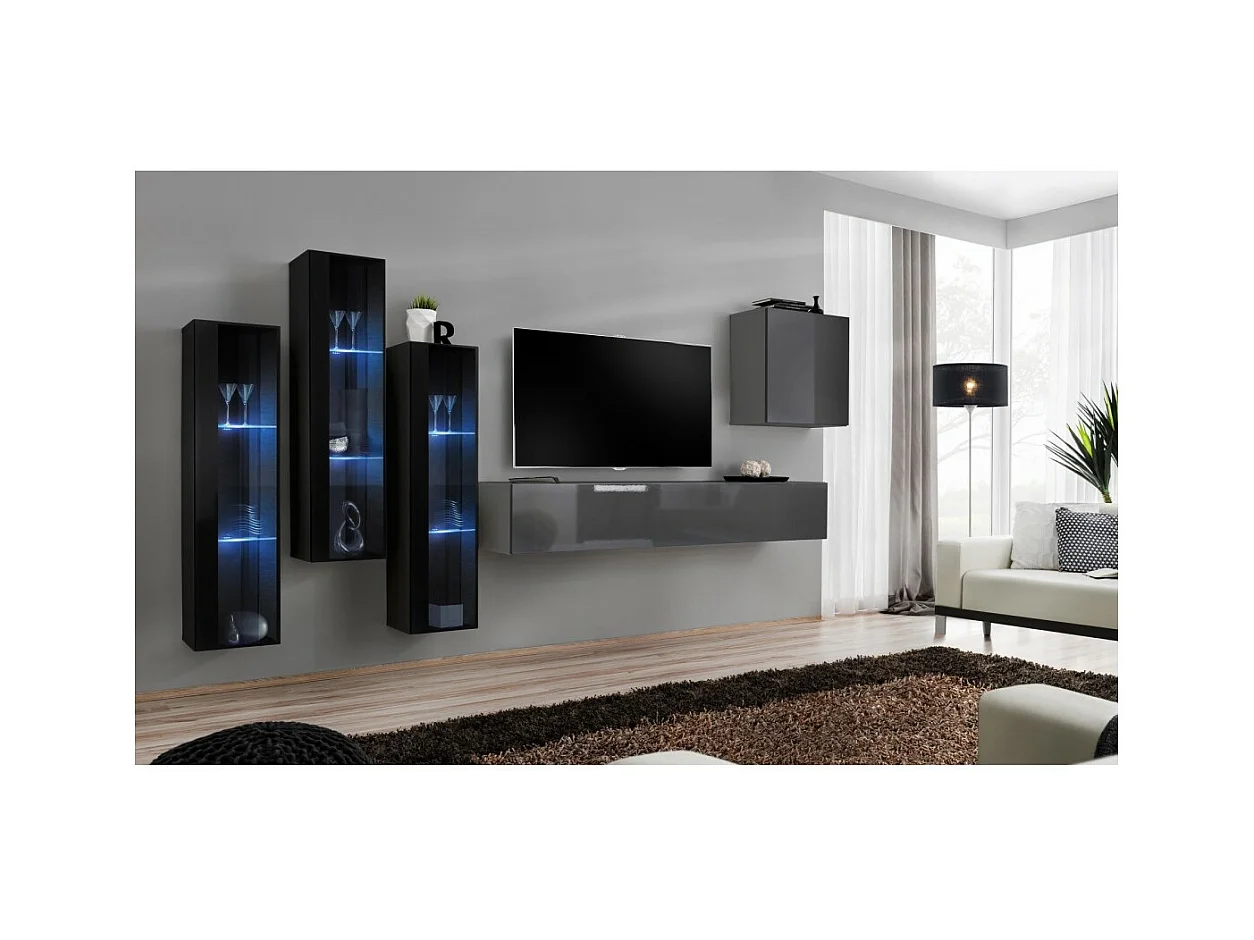 Conjunto de móveis para sala de estar SWITCH XIII, design mural, nas cores cinza brilhante e preto.