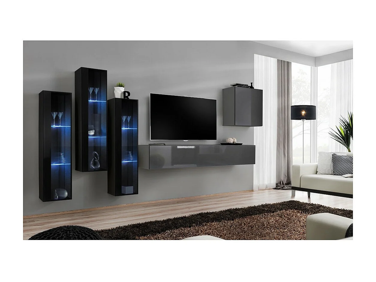 Wandmeubelset voor woonkamer SWITCH XIII design, in glanzend grijs en zwart.