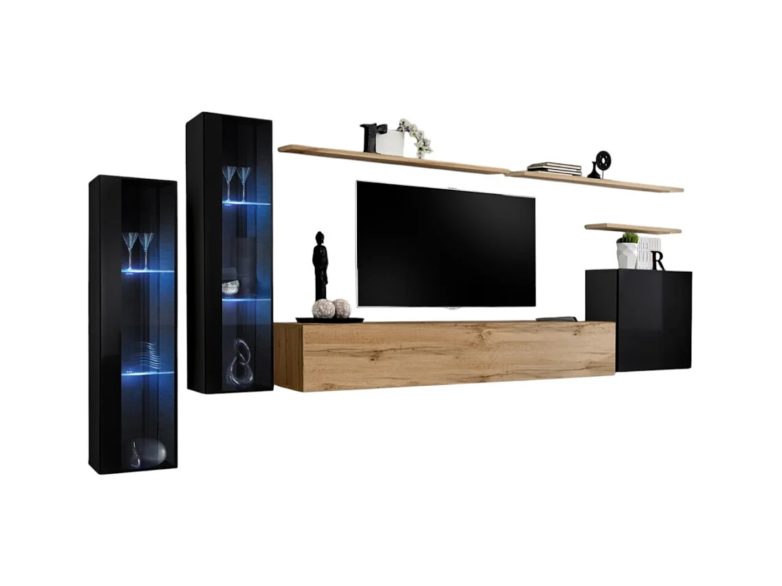 Ensemble meuble salon mural SWITCH XI design, coloris chêne Wotan et noir brillant.