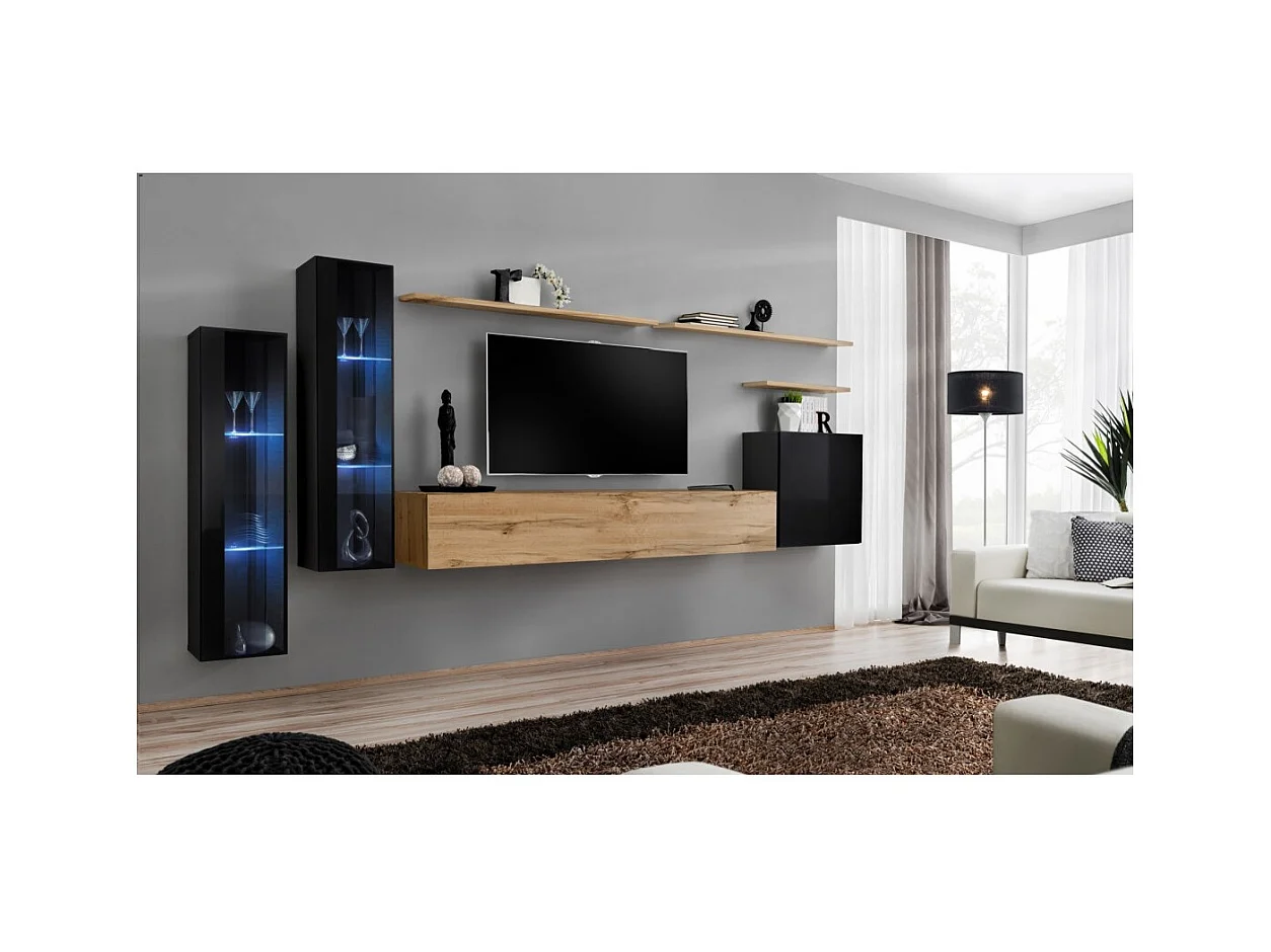 Ensemble meuble salon mural SWITCH XI design, coloris chêne Wotan et noir brillant.