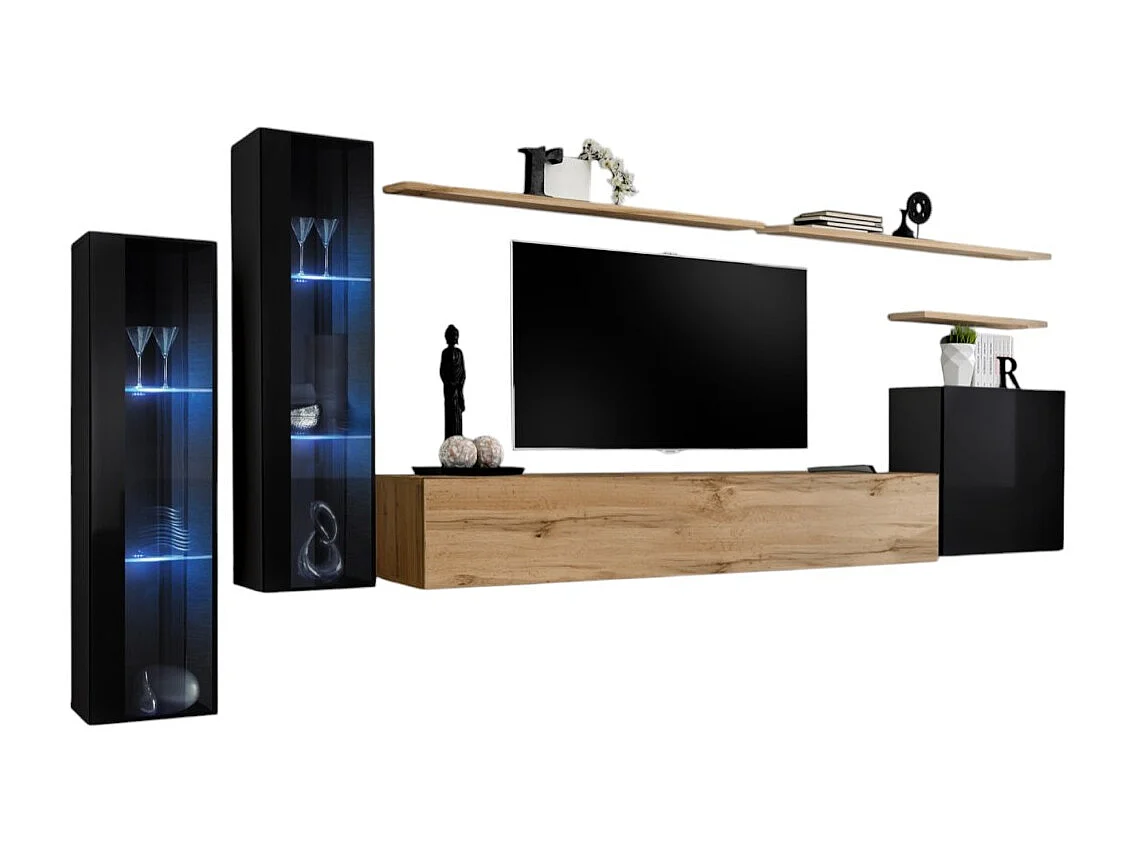 Ensemble meuble salon mural SWITCH XI design, coloris chêne Wotan et noir brillant.