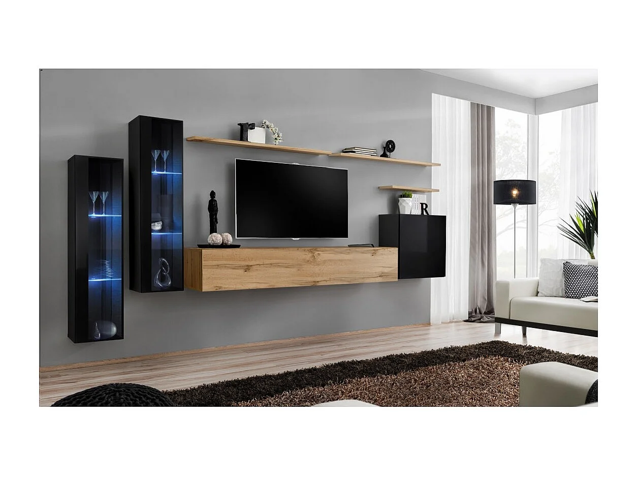 Ensemble meuble salon mural SWITCH XI design, coloris chêne Wotan et noir brillant.