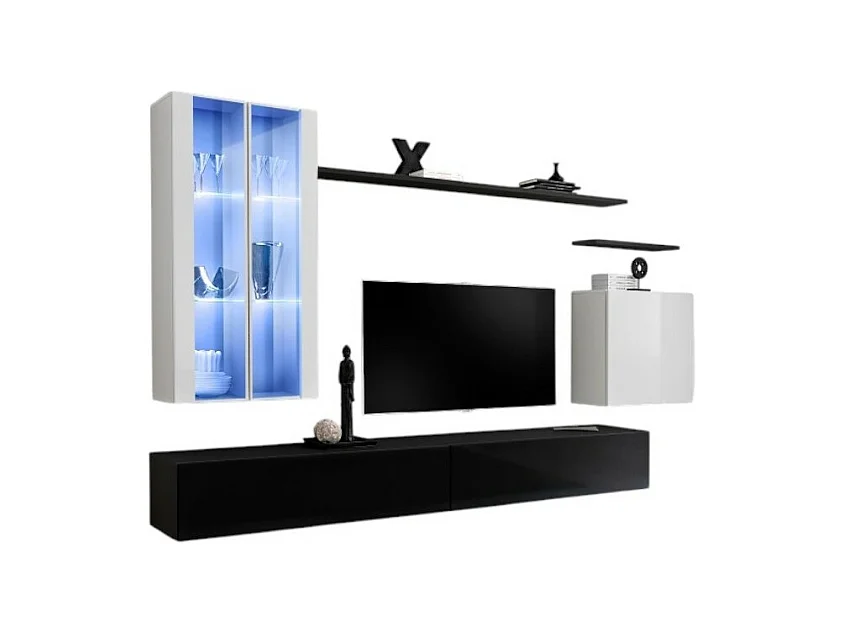 Ensemble meuble salon mural SWITCH XII design, coloris noir et blanc brillant.