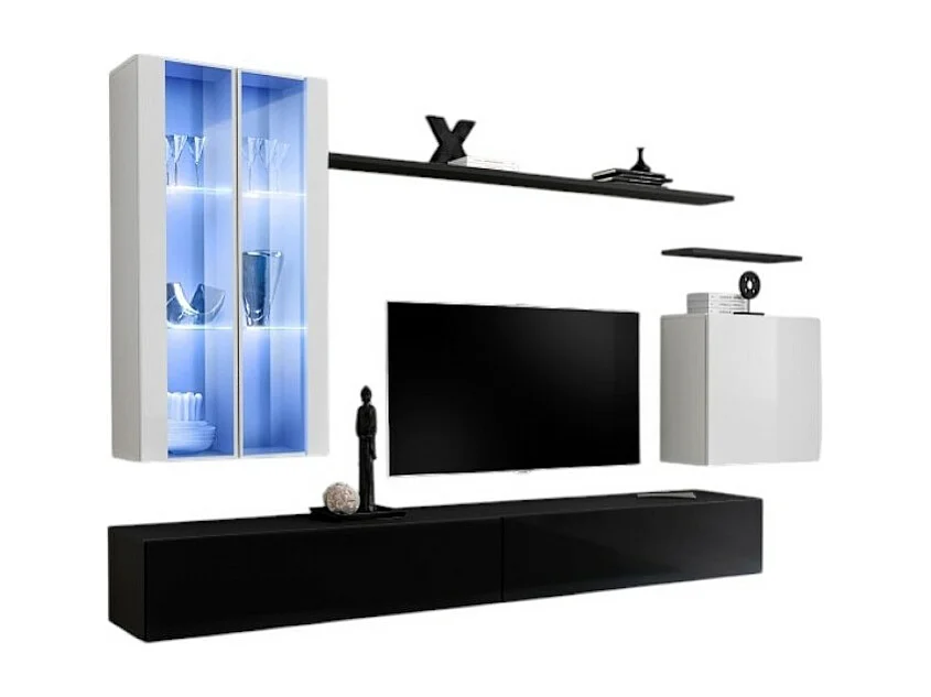 Ensemble meuble salon mural SWITCH XII design, coloris noir et blanc brillant.