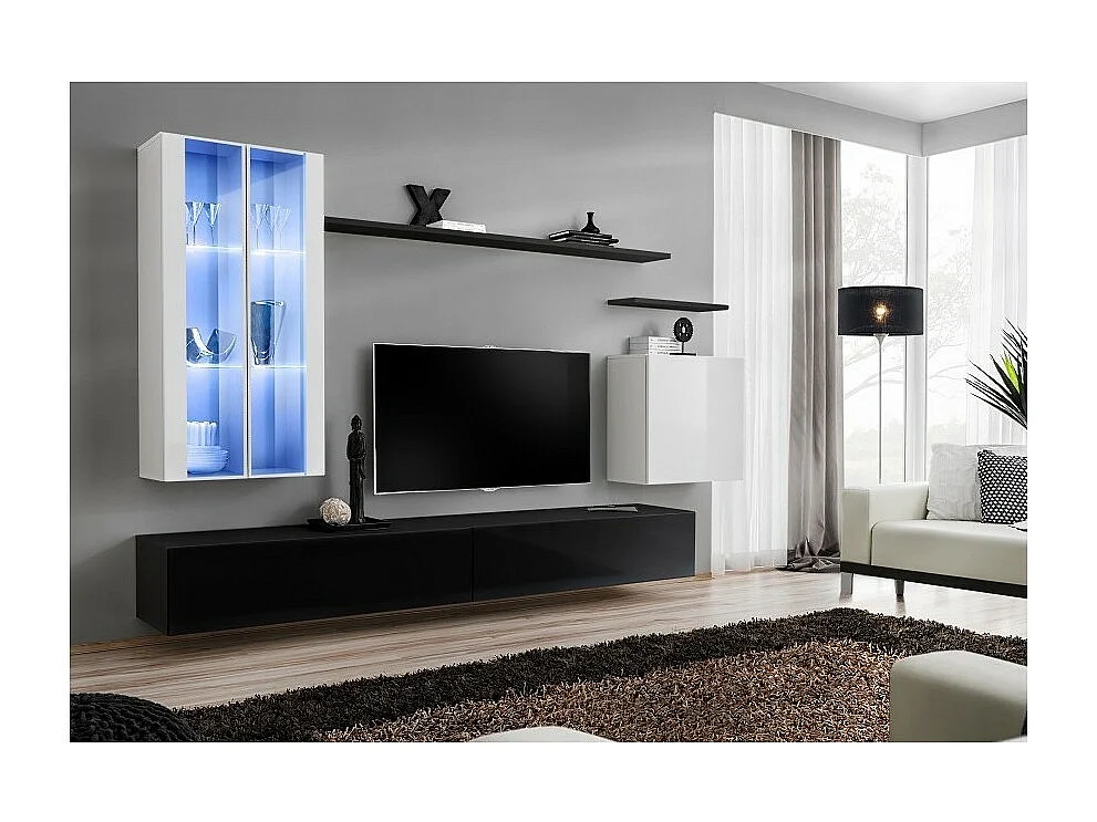 Ensemble meuble salon mural SWITCH XII design, coloris noir et blanc brillant.