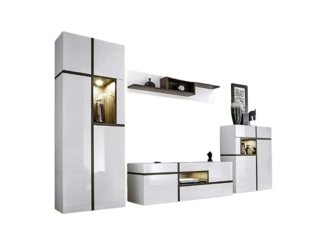 Set van 4 meubels voor de woonkamer uit de CRISS-collectie met geïntegreerde LED-verlichting. Witte kleur en eiken afwerkingen.