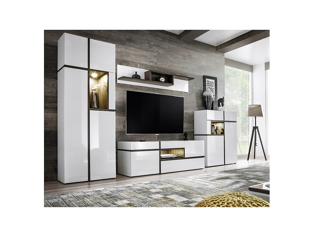 Set van 4 meubels voor de woonkamer uit de CRISS-collectie met geïntegreerde LED-verlichting. Witte kleur en eiken afwerkingen.