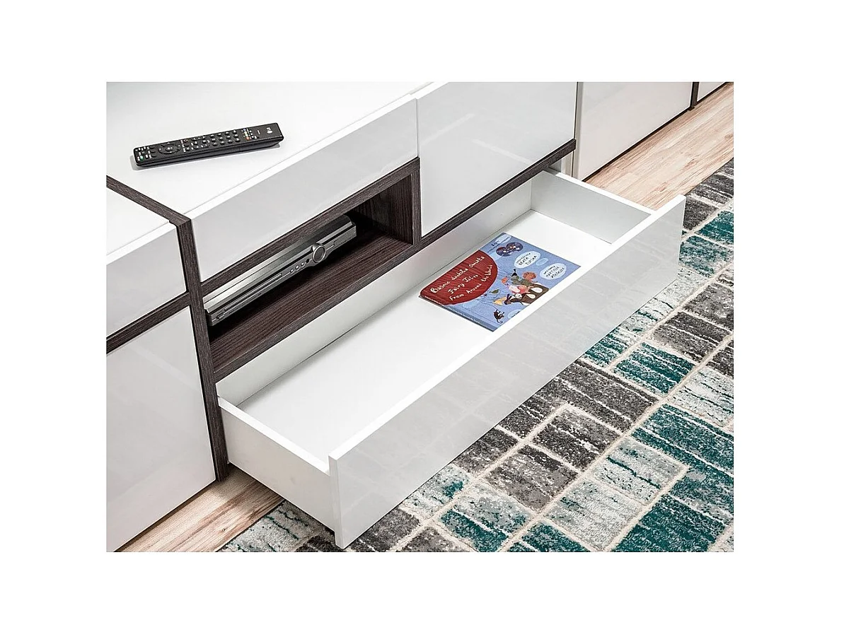 Set van 4 meubels voor de woonkamer uit de CRISS-collectie met geïntegreerde LED-verlichting. Witte kleur en eiken afwerkingen.