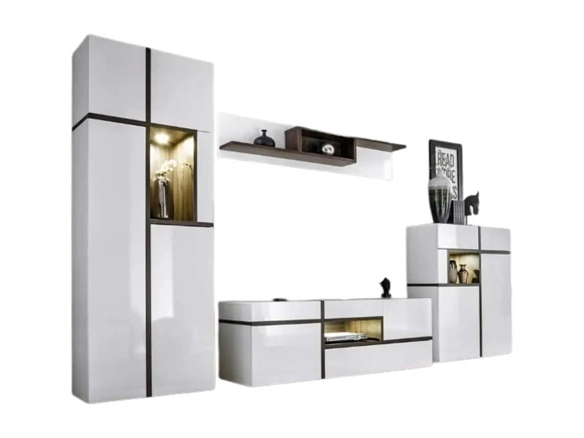 Ensemble 4 meubles de salon collection CRISS avec LEDS intégrés. Couleur blanche et finitions chêne.