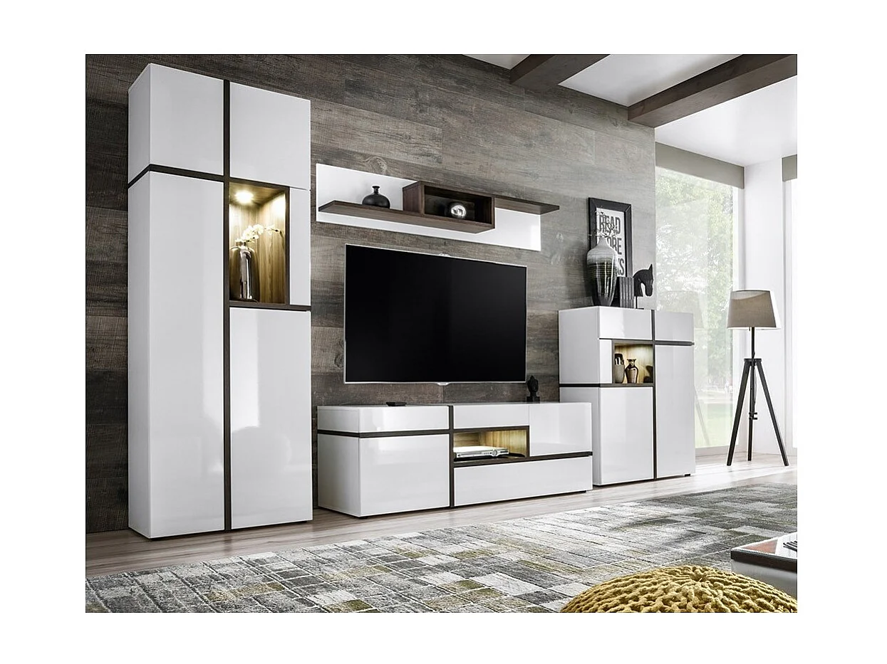 Ensemble 4 meubles de salon collection CRISS avec LEDS intégrés. Couleur blanche et finitions chêne.