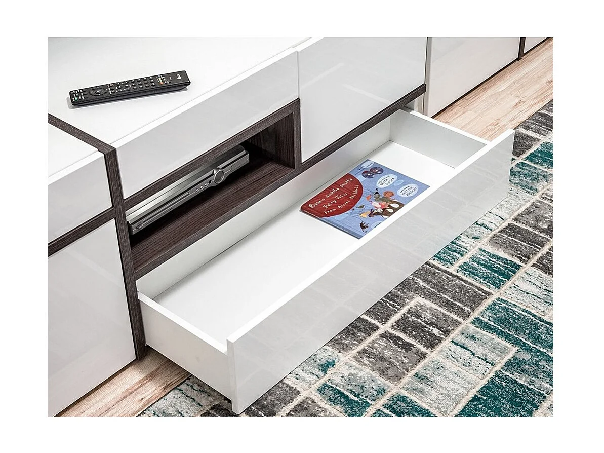 Ensemble 4 meubles de salon collection CRISS avec LEDS intégrés. Couleur blanche et finitions chêne.