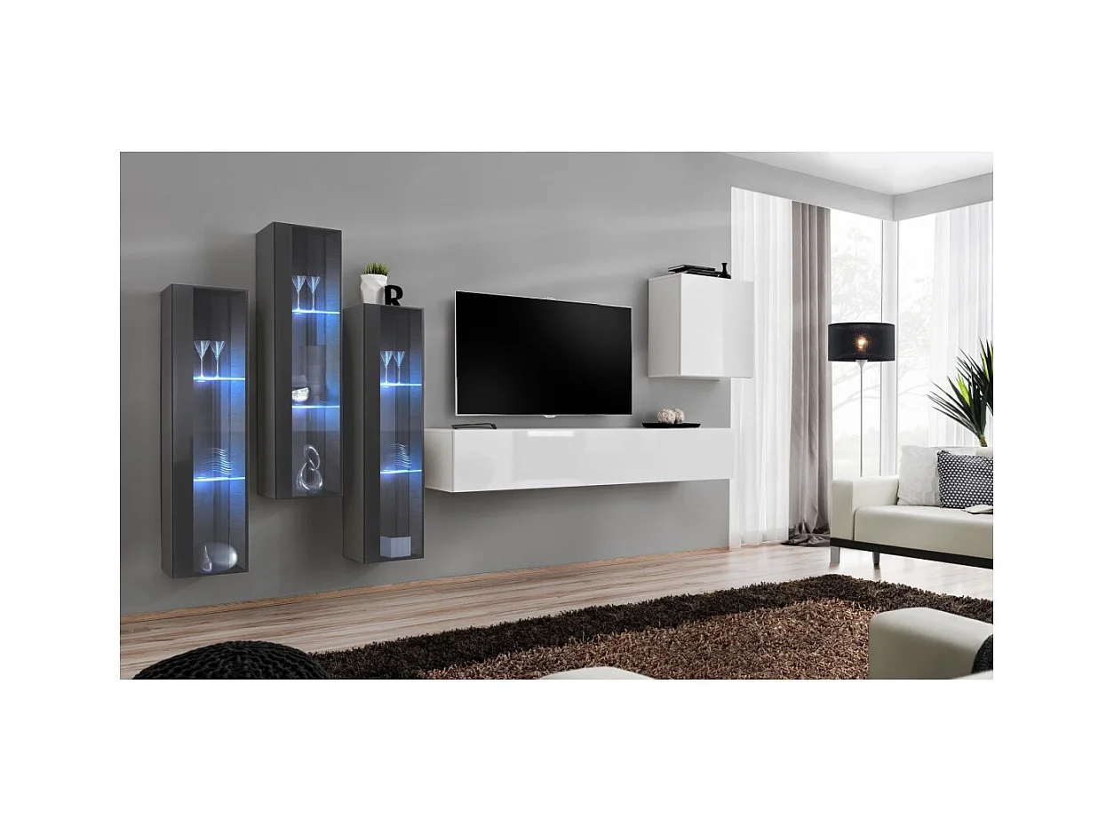 Ensemble meuble salon mural SWITCH XIII design, coloris blanc brillant et gris.