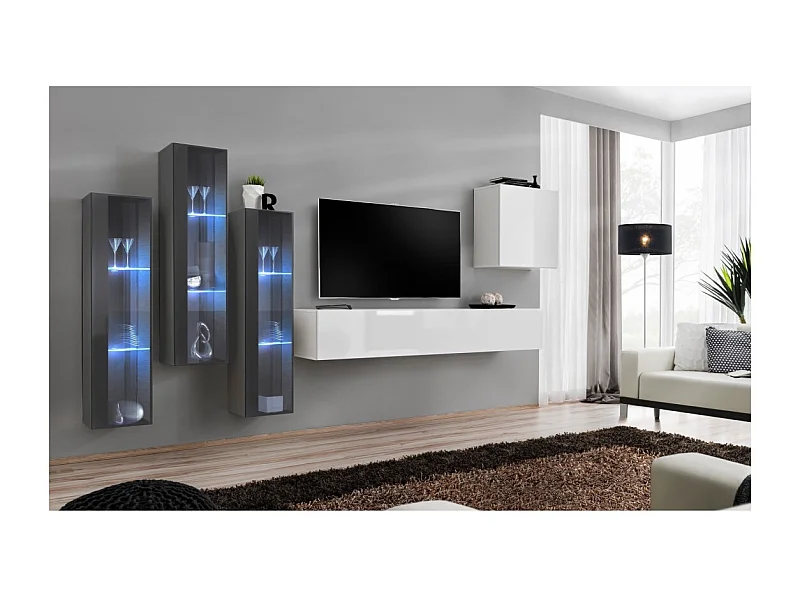 Ensemble meuble salon mural SWITCH XIII design, coloris blanc brillant et gris.
