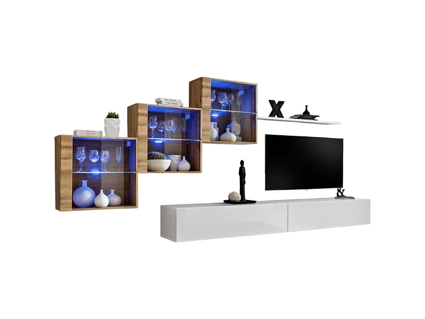 Ensemble meubles de salon SWITCH XX design, coloris blanc brillant et chêne Wotan.