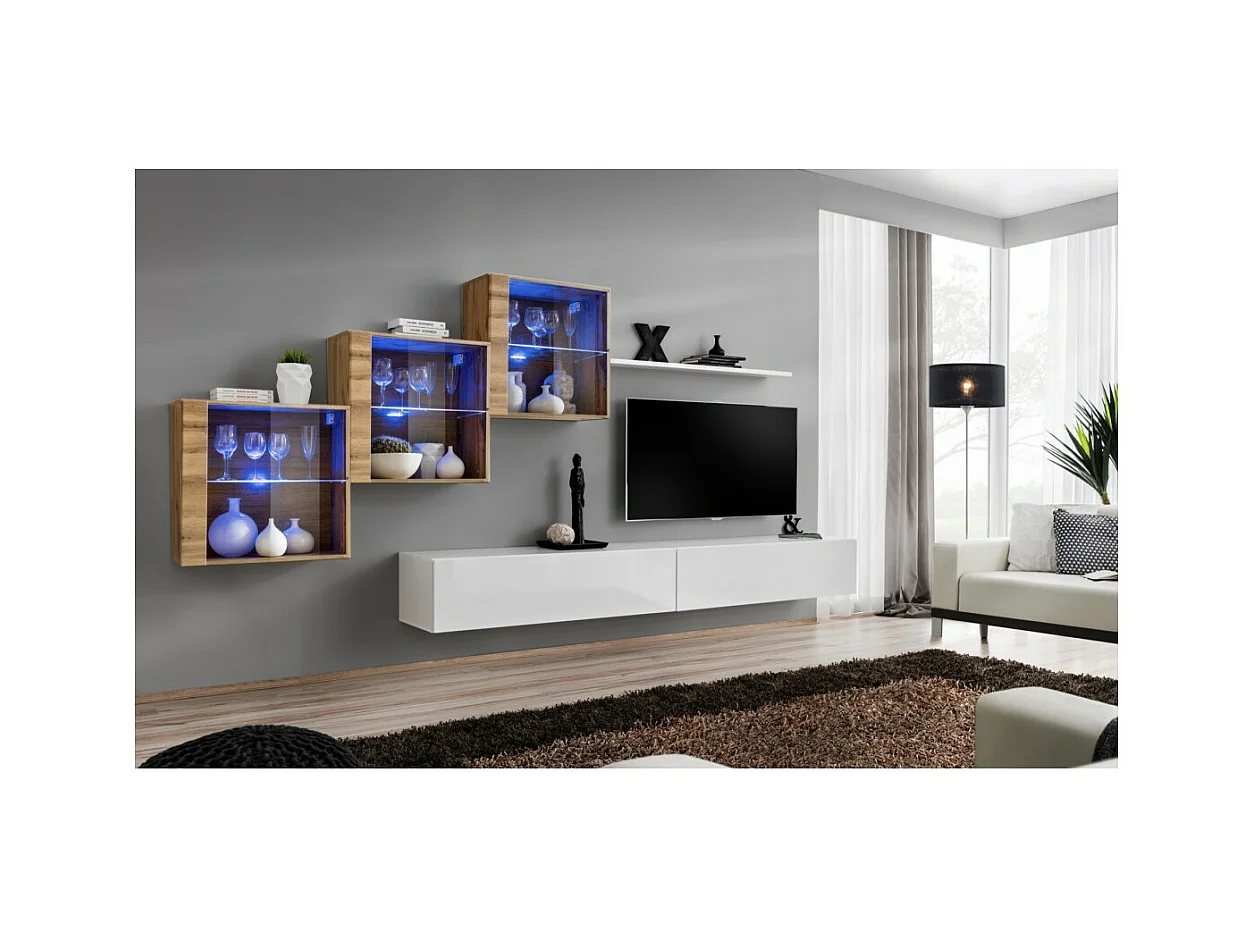 Conjunto de móveis para sala SWITCH XX design, cor branco brilhante e carvalho Wotan.