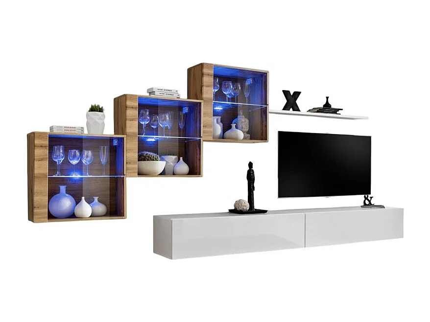 Ensemble meubles de salon SWITCH XX design, coloris blanc brillant et chêne Wotan.