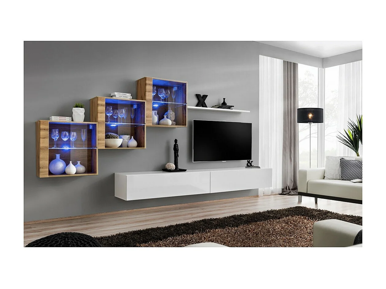 Ensemble meubles de salon SWITCH XX design, coloris blanc brillant et chêne Wotan.