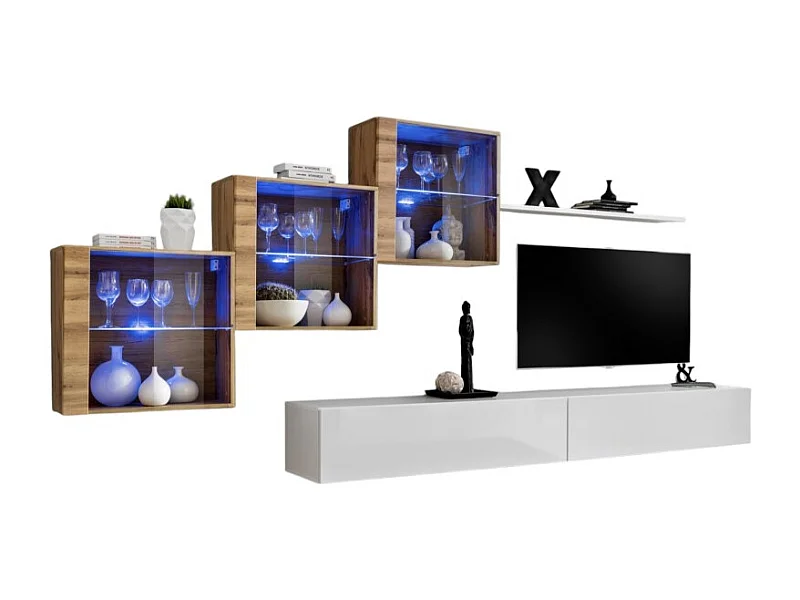 Woonkamerset SWITCH XX design, in glanzend wit en Wotan eiken kleur.