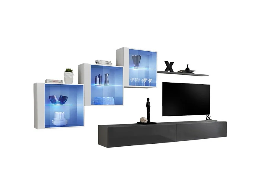 Wohnzimmermöbel-Set SWITCH XX Design, Farben Grau und Hochglanz-Weiß.