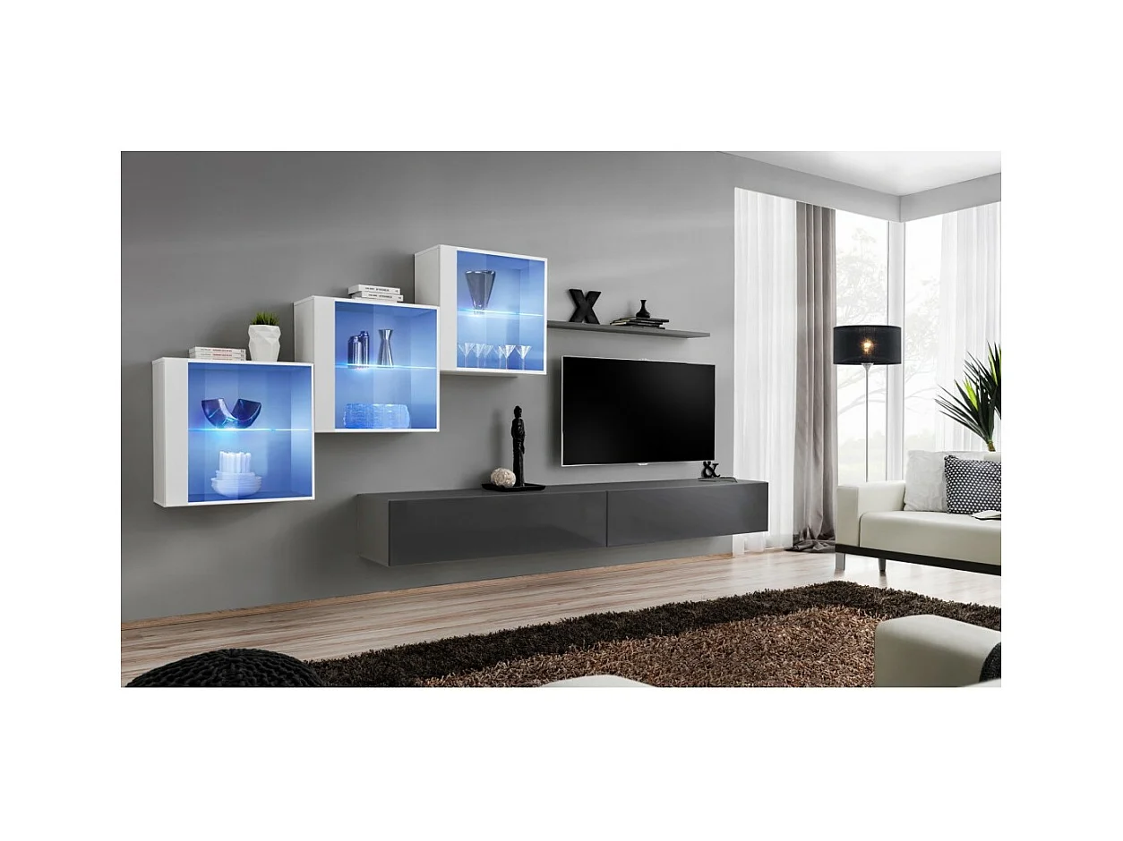 Wohnzimmermöbel-Set SWITCH XX Design, Farben Grau und Hochglanz-Weiß.