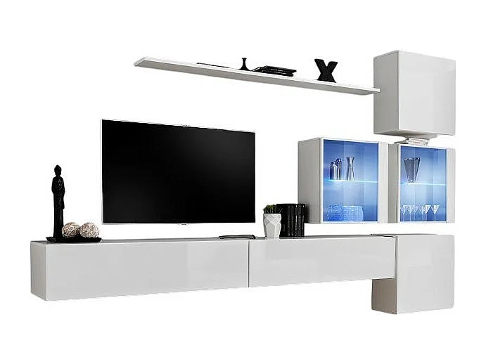 Conjunto de muebles de pared para sala SWITCH XIX diseño, color blanco brillante.