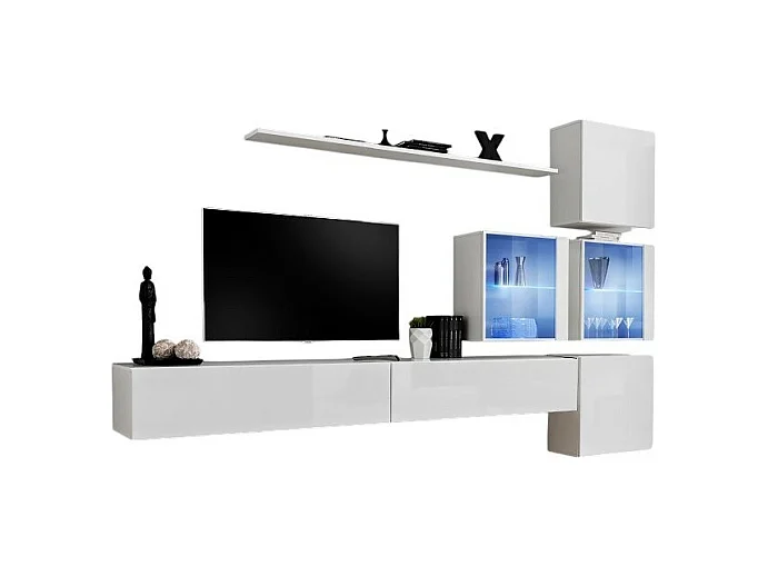 Ensemble meuble salon mural SWITCH XIX design, coloris blanc brillant.