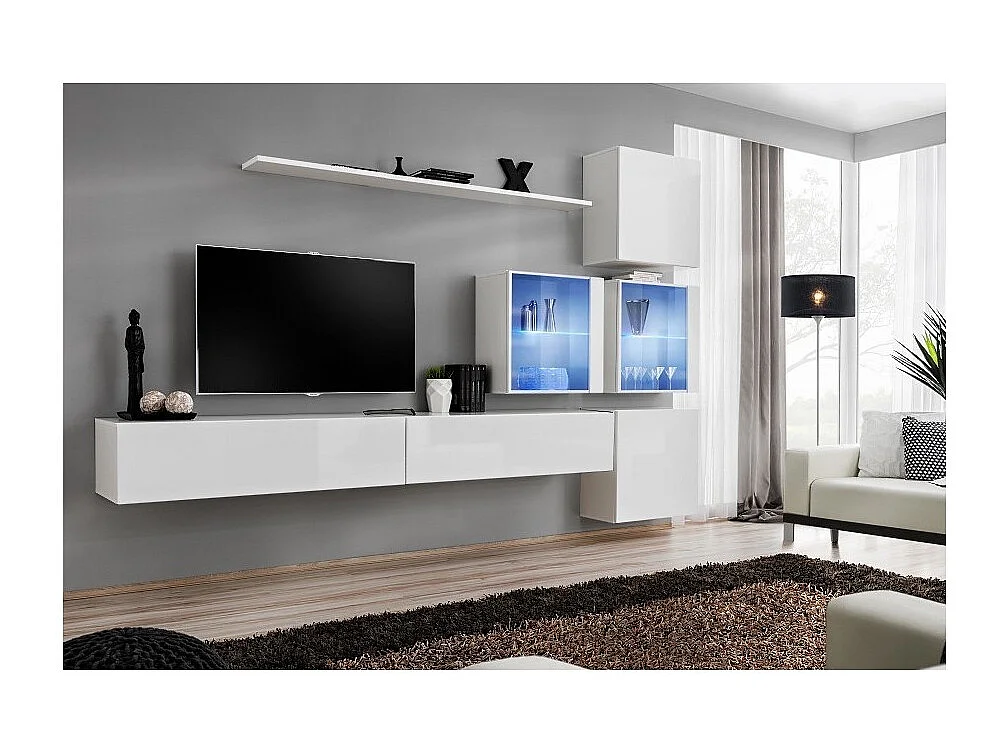 Ensemble meuble salon mural SWITCH XIX design, coloris blanc brillant.