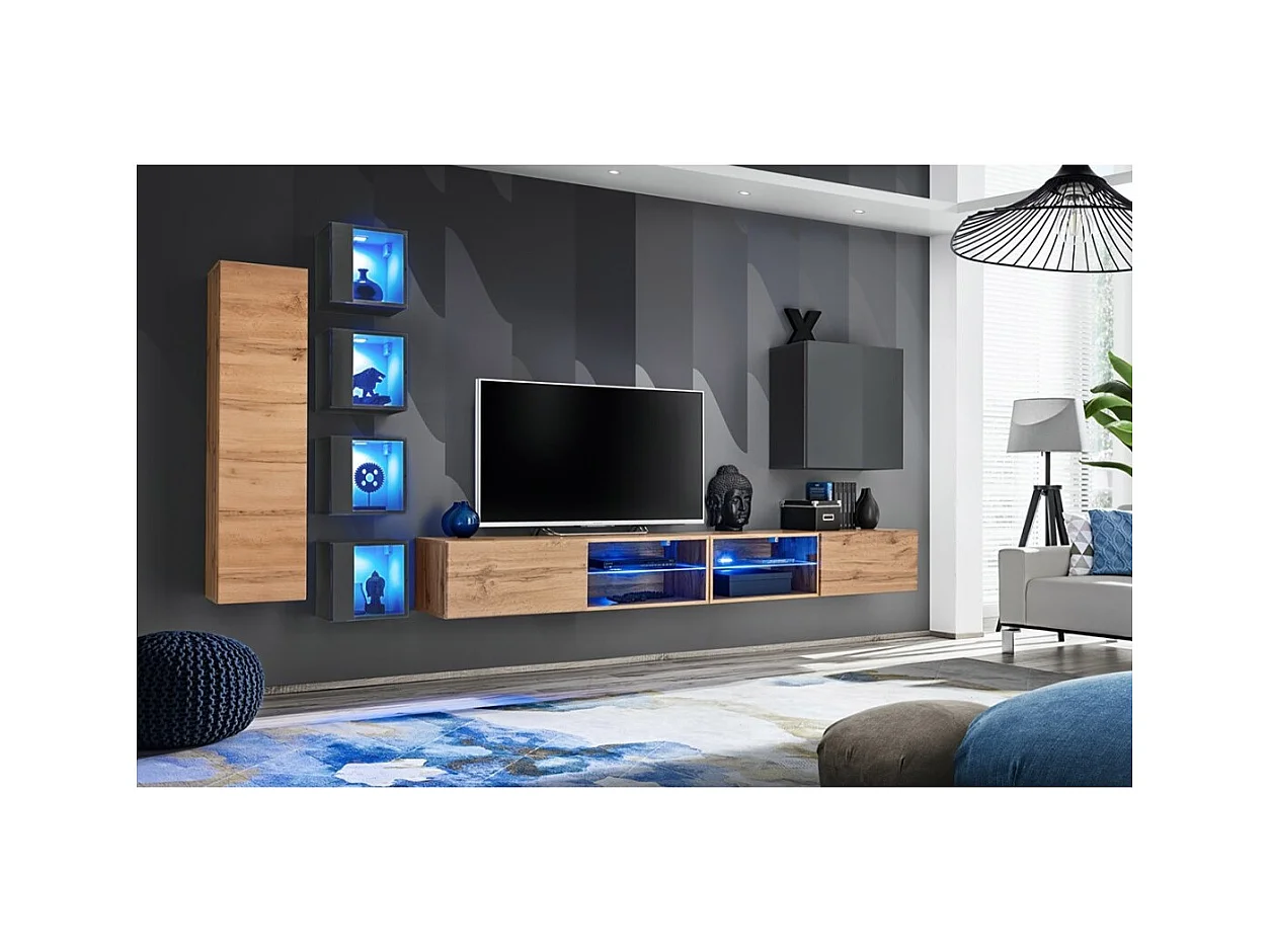 Conjunto de muebles de sala SWITCH XXVI – Roble y gris – LED integrados & sistema Push to Open