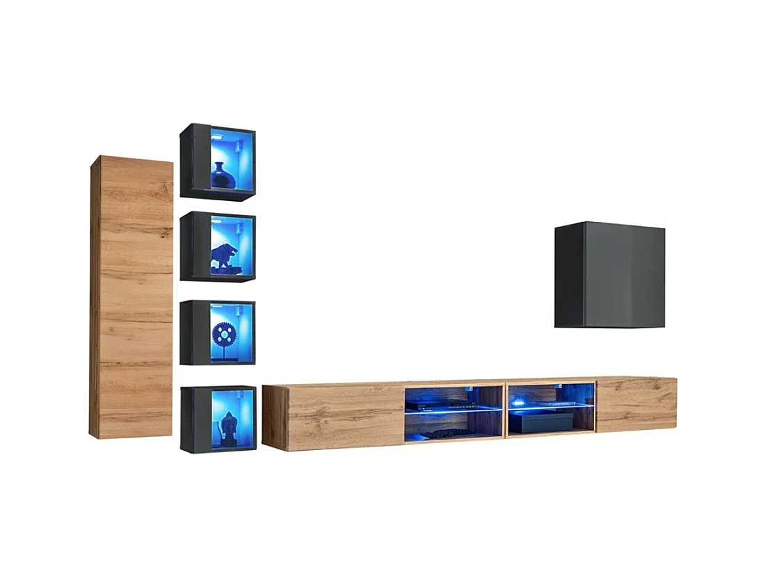 Ensemble meubles de salon SWITCH XXVI – Chêne et gris – LED intégrées & système Push to Open
