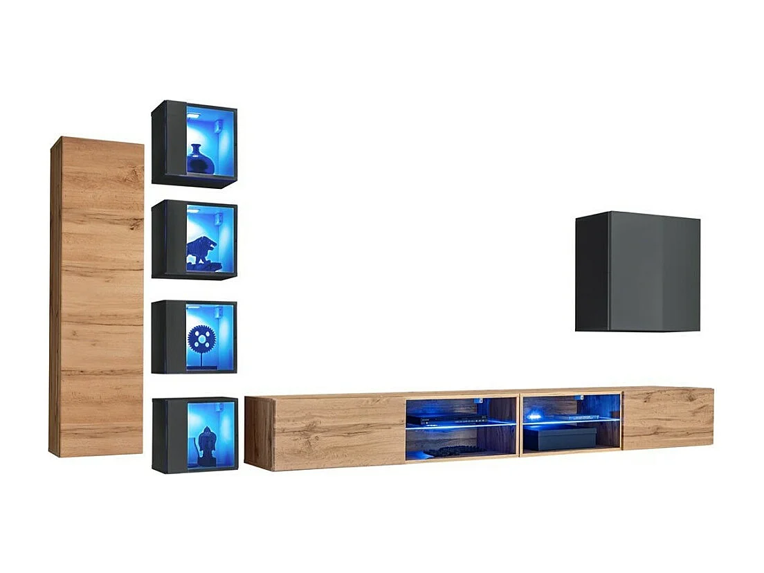 Ensemble meubles de salon SWITCH XXVI – Chêne et gris – LED intégrées & système Push to Open