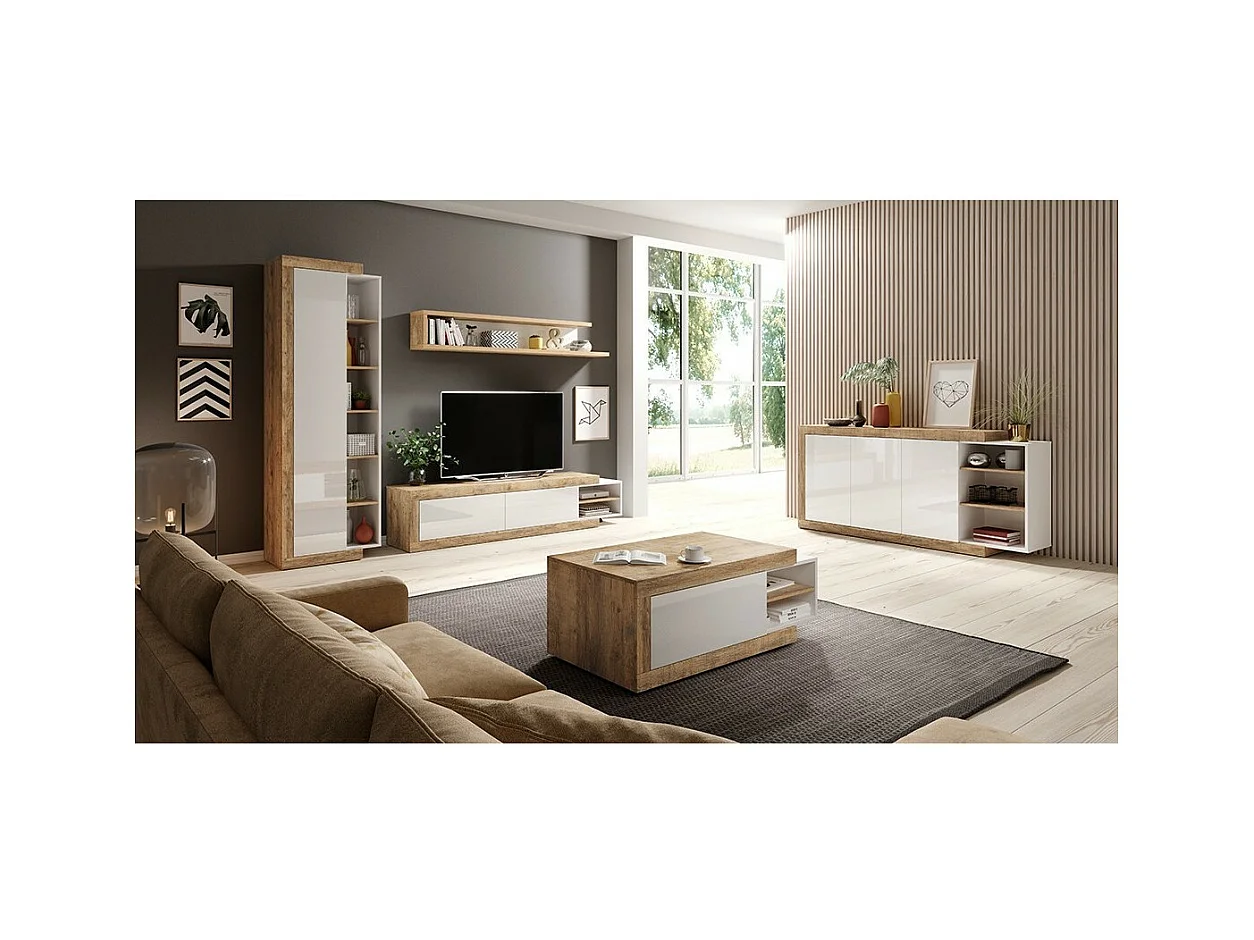 Set aus 5 Wohnzimmermöbeln, Kollektion SINATRA. Farbe Eiche und glänzendes Weiß.