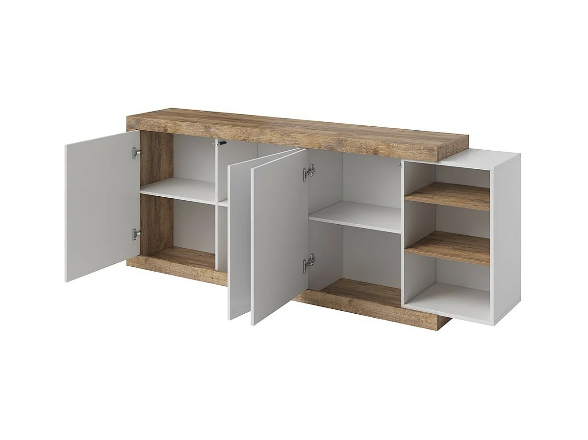 Set aus 5 Wohnzimmermöbeln, Kollektion SINATRA. Farbe Eiche und glänzendes Weiß.